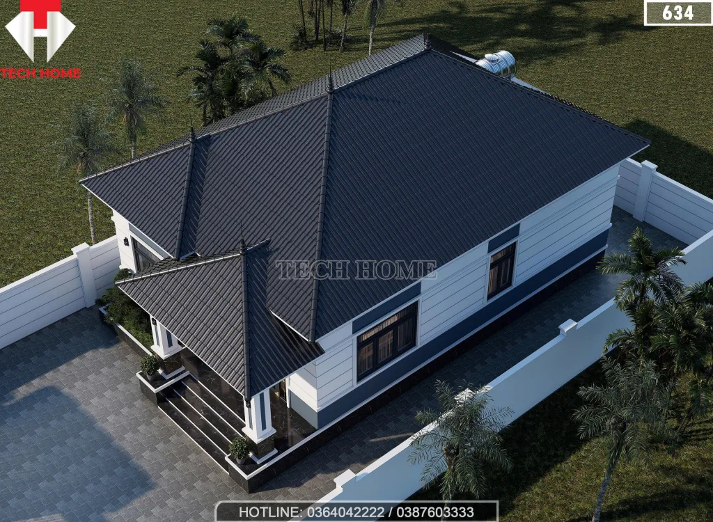 Tổng thể mẫu nhà cấp 4 mái Nhật 130m2 lợp ngói xanh than sang trọng tại Hưng Yên.