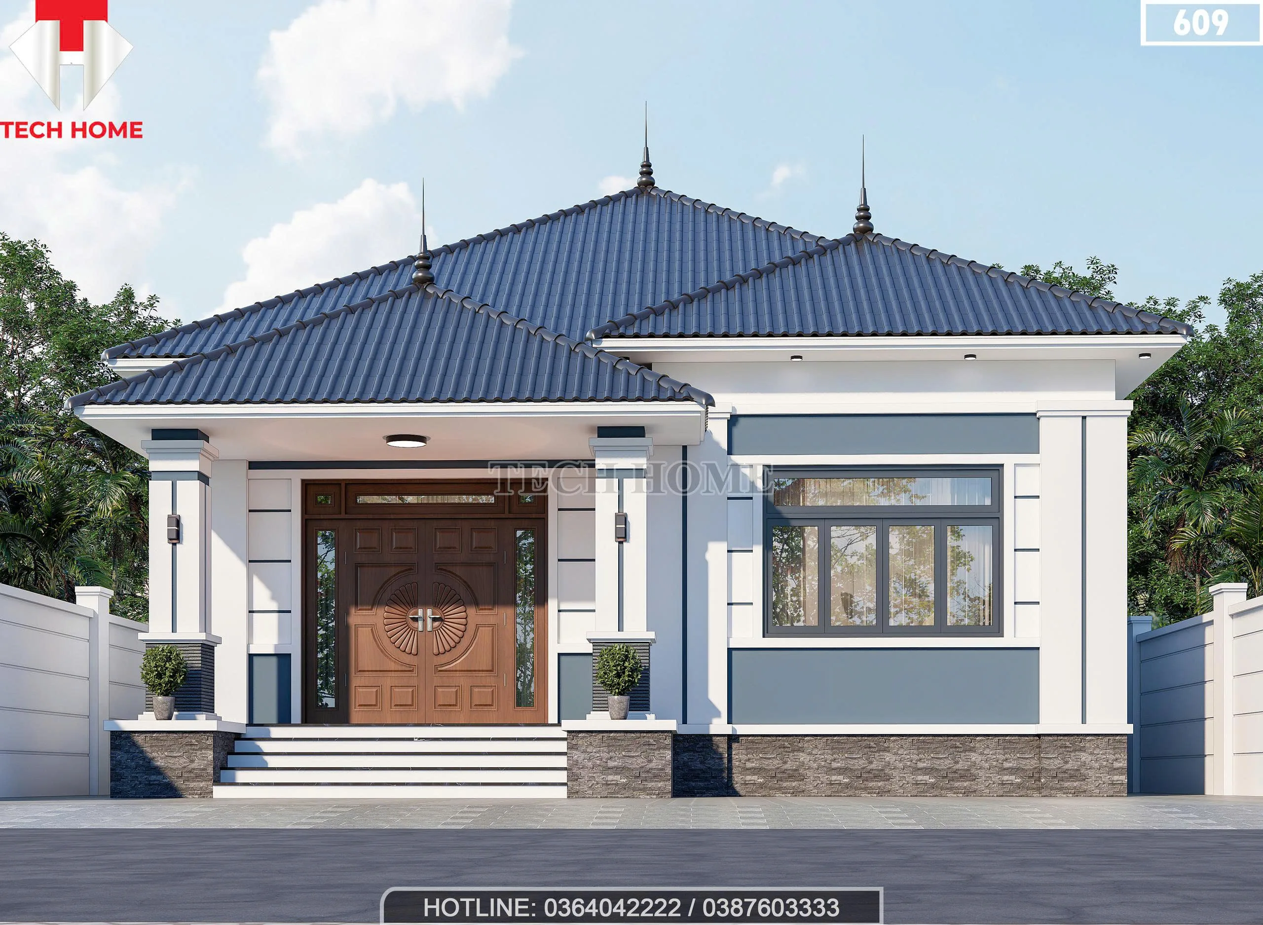 Phối cảnh mặt tiền mẫu nhà cấp 4 mái Nhật hiện đại hệ cột vuông khỏe khoắn của anh Thắng.