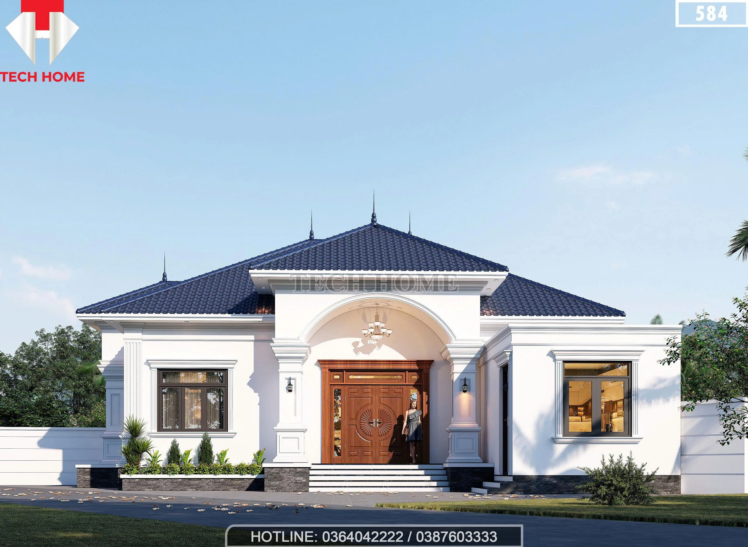 Phối cảnh mặt tiền mẫu nhà cấp 4 mái Nhật hiện đại rộng 14m sang trọng tại Thanh Hóa.