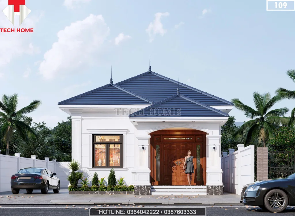 Phối cảnh mặt tiền mẫu nhà cấp 4 mái Nhật hiện đại với hệ cột vuông vững chãi tại Hà Tĩnh.