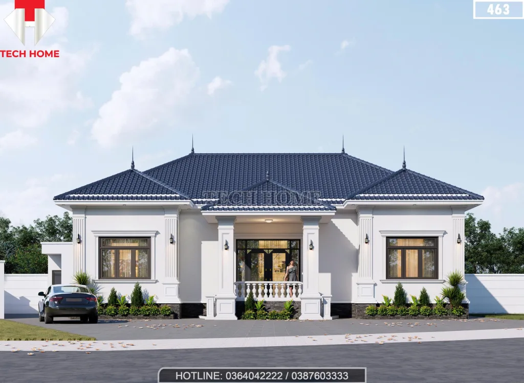 Phối cảnh mặt tiền mẫu nhà mái Nhật 1 tầng 3 phòng ngủ hiện đại màu trắng sang trọng tại Nam Định.