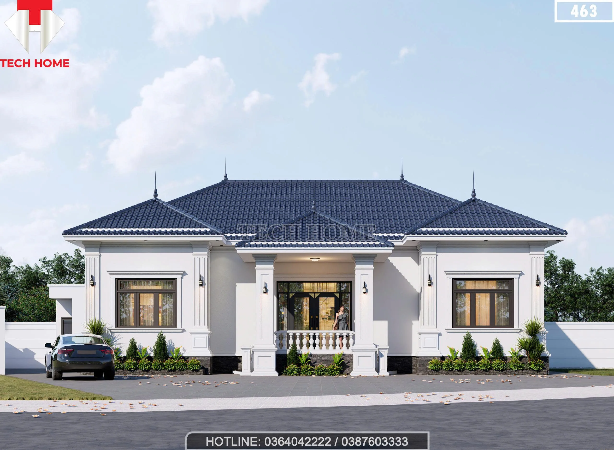 Phối cảnh mặt tiền mẫu nhà mái Nhật 1 tầng 3 phòng ngủ hiện đại màu trắng sang trọng tại Nam Định.