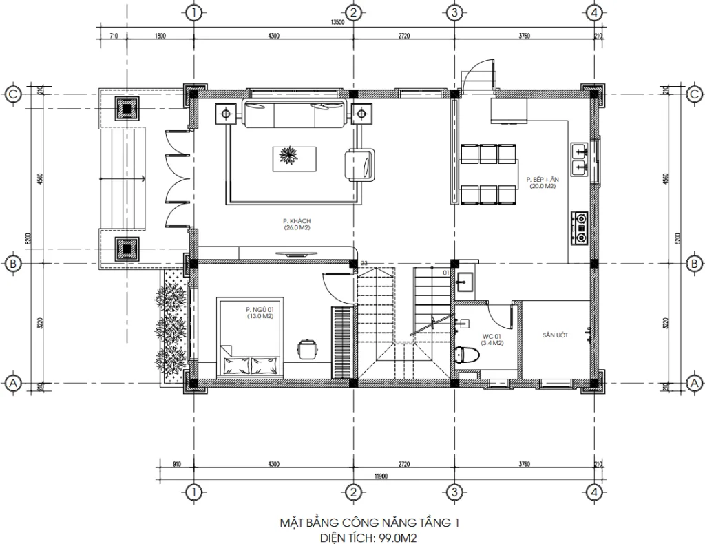 mặt bằng tầng 1 mẫu nhà mái Nhật 2 tầng