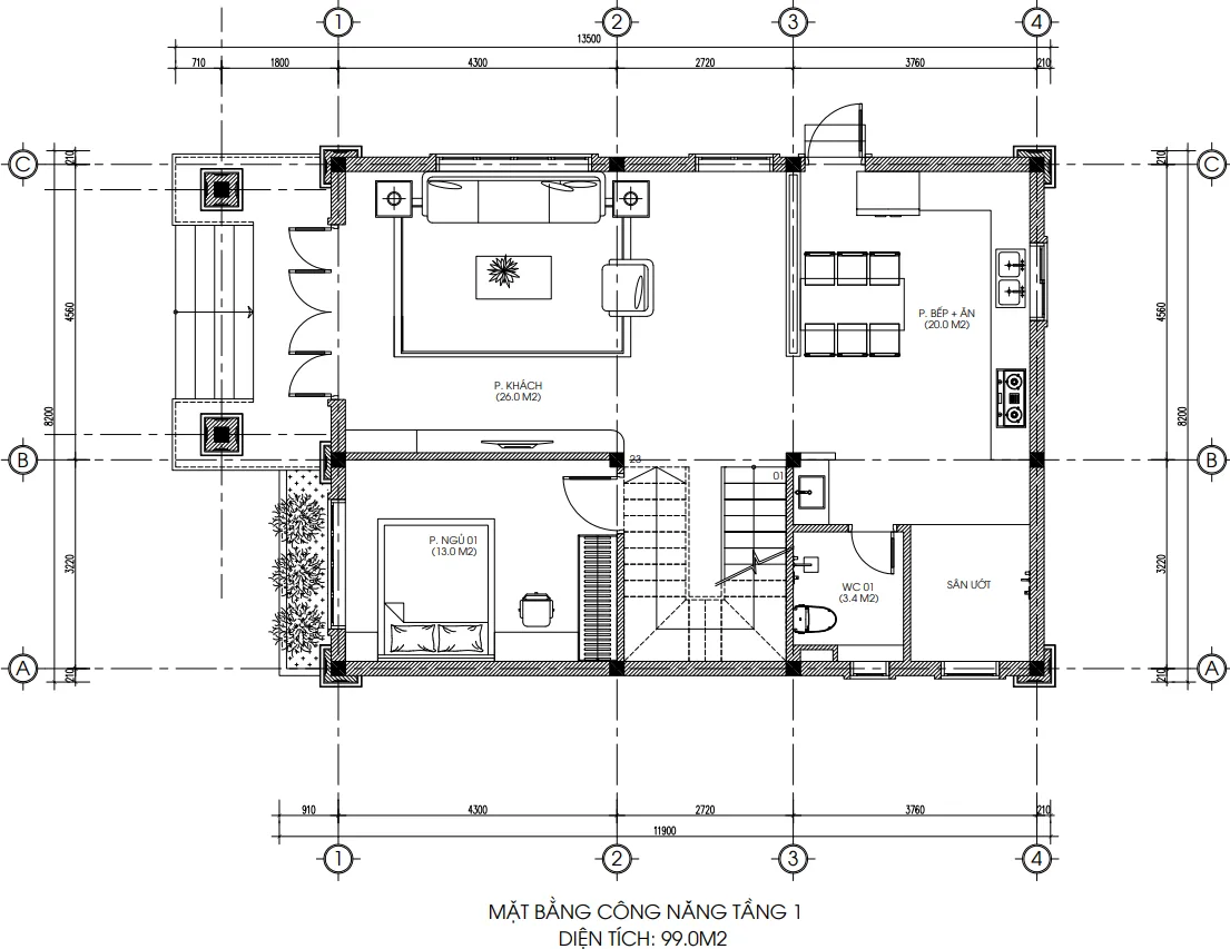 mặt bằng tầng 1 mẫu nhà mái Nhật 2 tầng