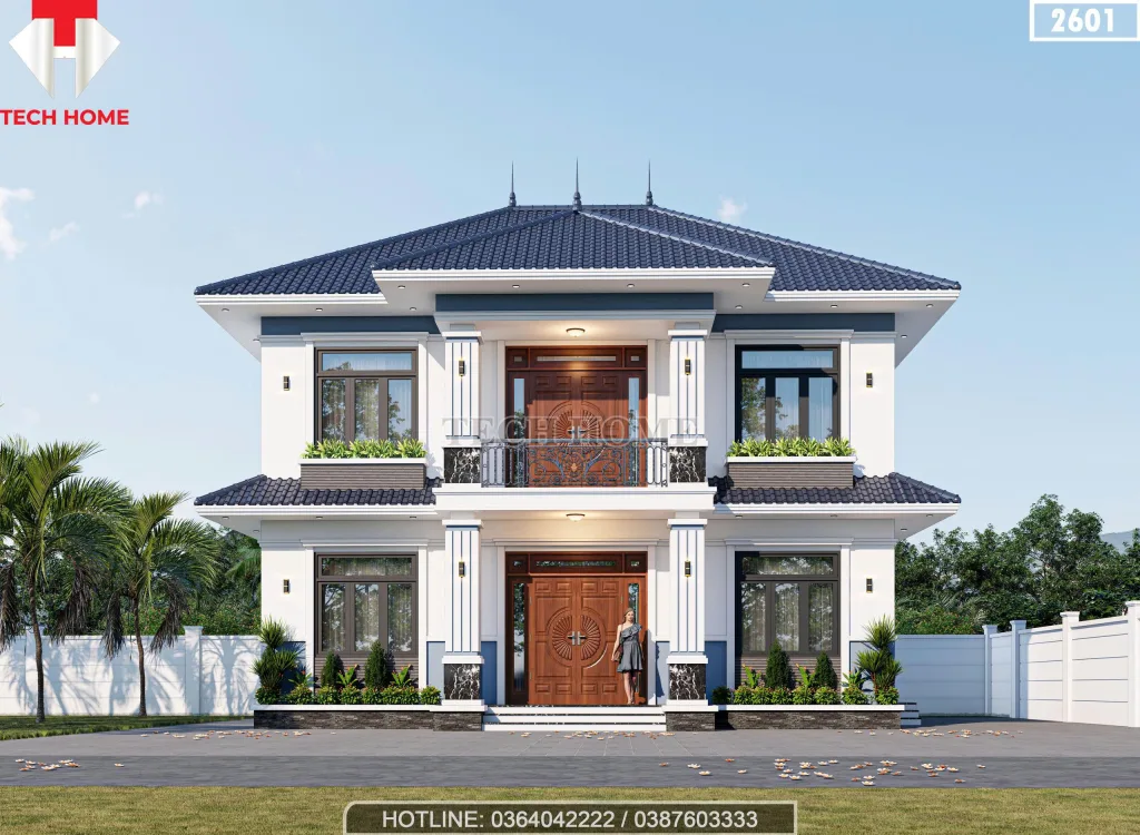 Phối cảnh mặt tiền mẫu nhà mái Nhật 2 tầng hiện đại, bề thế với hệ cột trụ vững chãi của gia đình anh Vận.