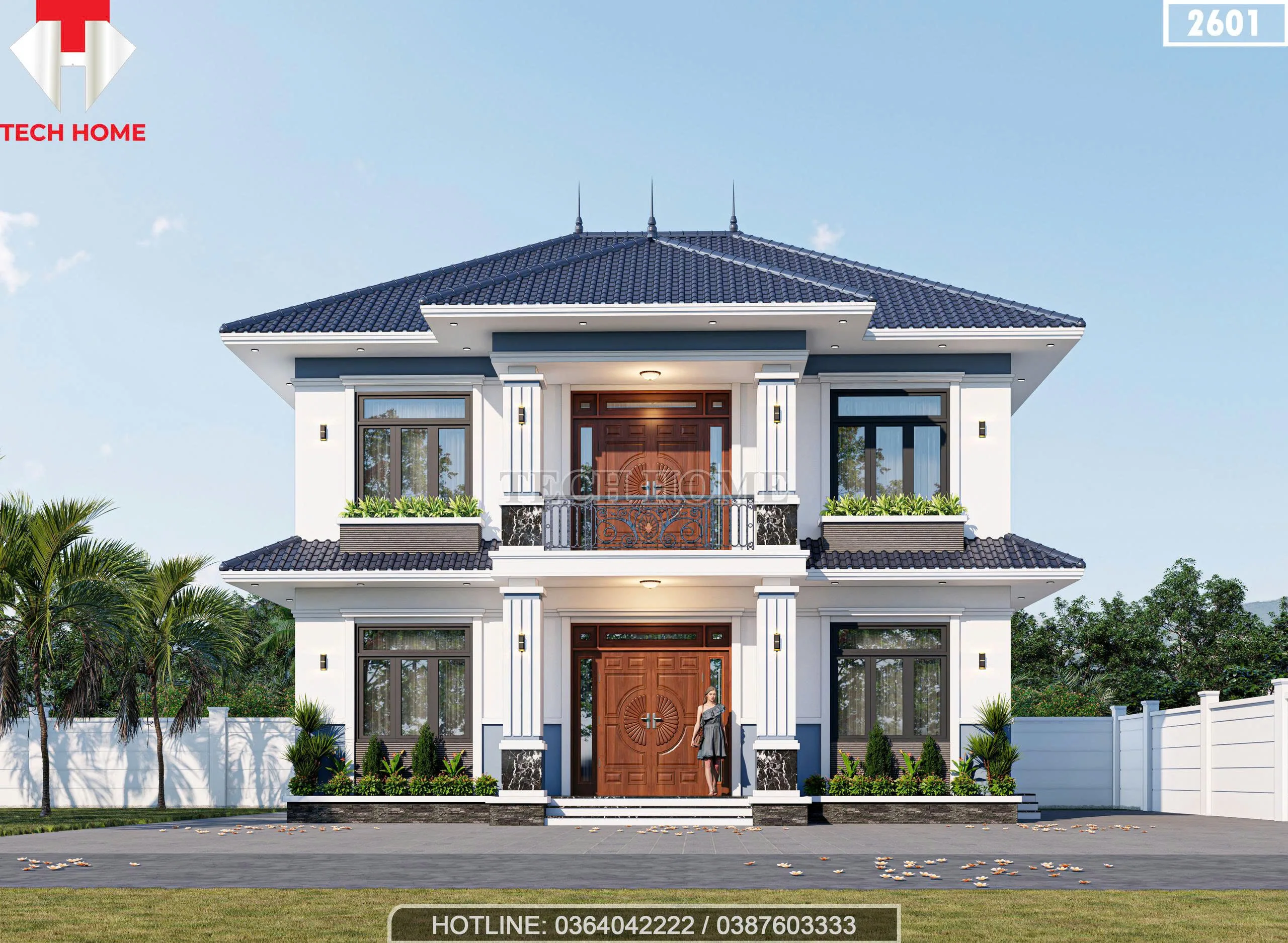 Phối cảnh mặt tiền mẫu nhà mái Nhật 2 tầng hiện đại, bề thế với hệ cột trụ vững chãi của gia đình anh Vận.