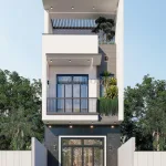 Phối cảnh mặt tiền mẫu nhà ống 3 tầng đẹp phong cách hiện đại với cửa kính lớn và ban công xanh tại Hà Nội.