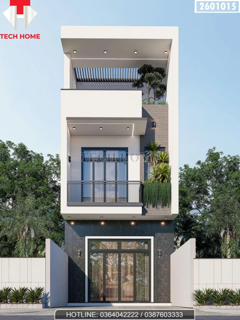 Phối cảnh mặt tiền mẫu nhà ống 3 tầng đẹp phong cách hiện đại với cửa kính lớn và ban công xanh tại Hà Nội.