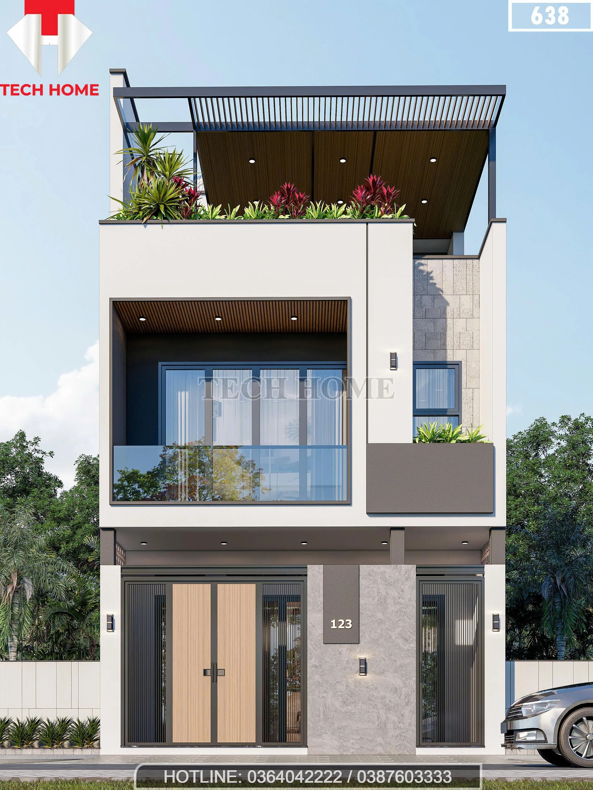 Phối cảnh mặt tiền mẫu nhà phố 2 tầng 1 tum hiện đại mặt tiền 6.5m sang trọng của anh Quang tại Bắc Ninh.