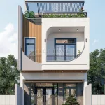 Phối cảnh mặt tiền mẫu nhà phố 2 tầng 1 tum hiện đại với ban công vòm độc đáo tại Hà Nội.
