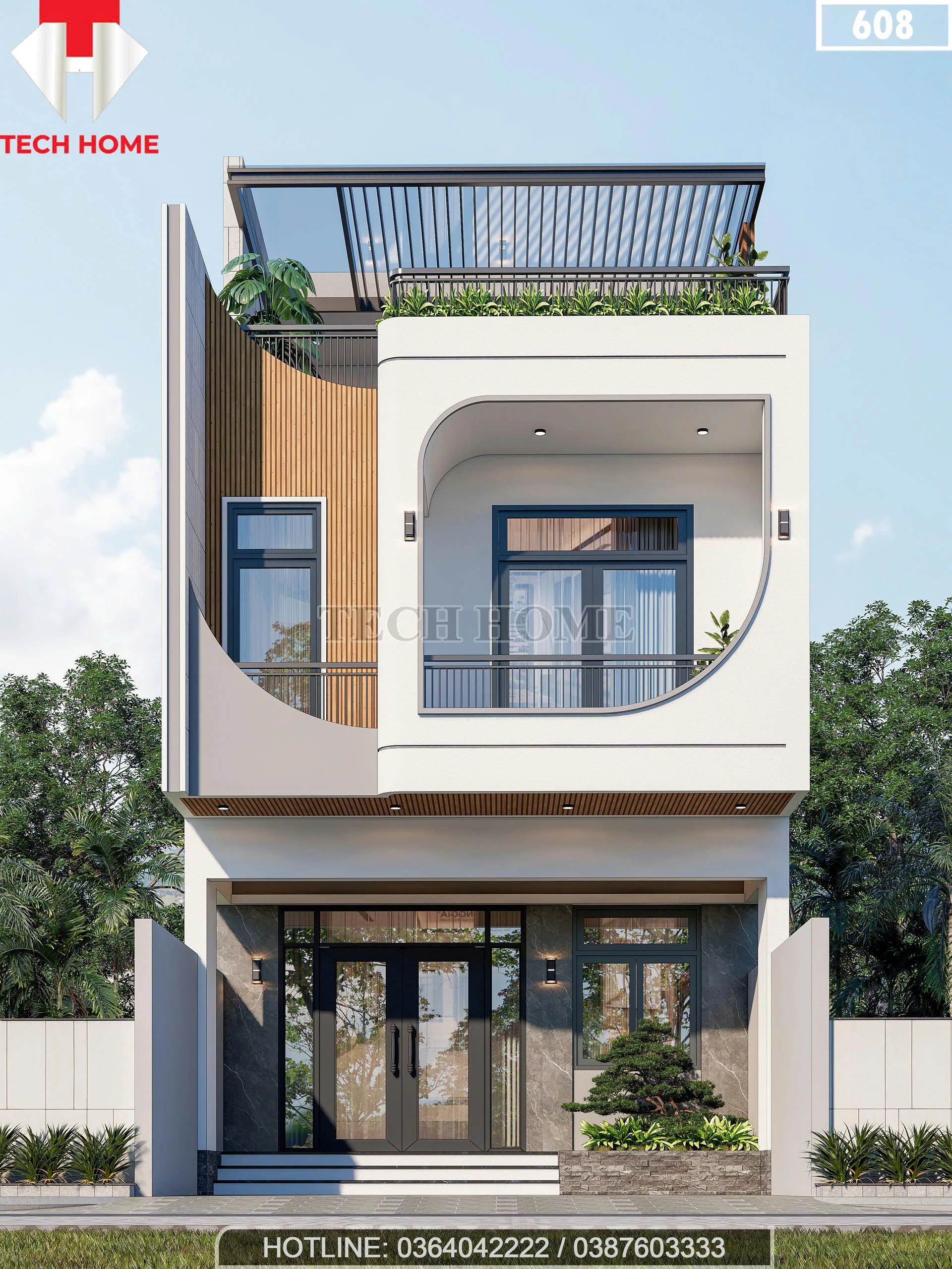 Phối cảnh mặt tiền mẫu nhà phố 2 tầng 1 tum hiện đại với ban công vòm độc đáo tại Hà Nội.