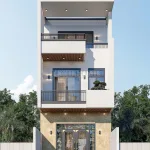 Phối cảnh mặt tiền mẫu nhà phố 2 tầng 1 tum hiện đại chiều rộng 5m của anh Dân tại Hưng Yên.