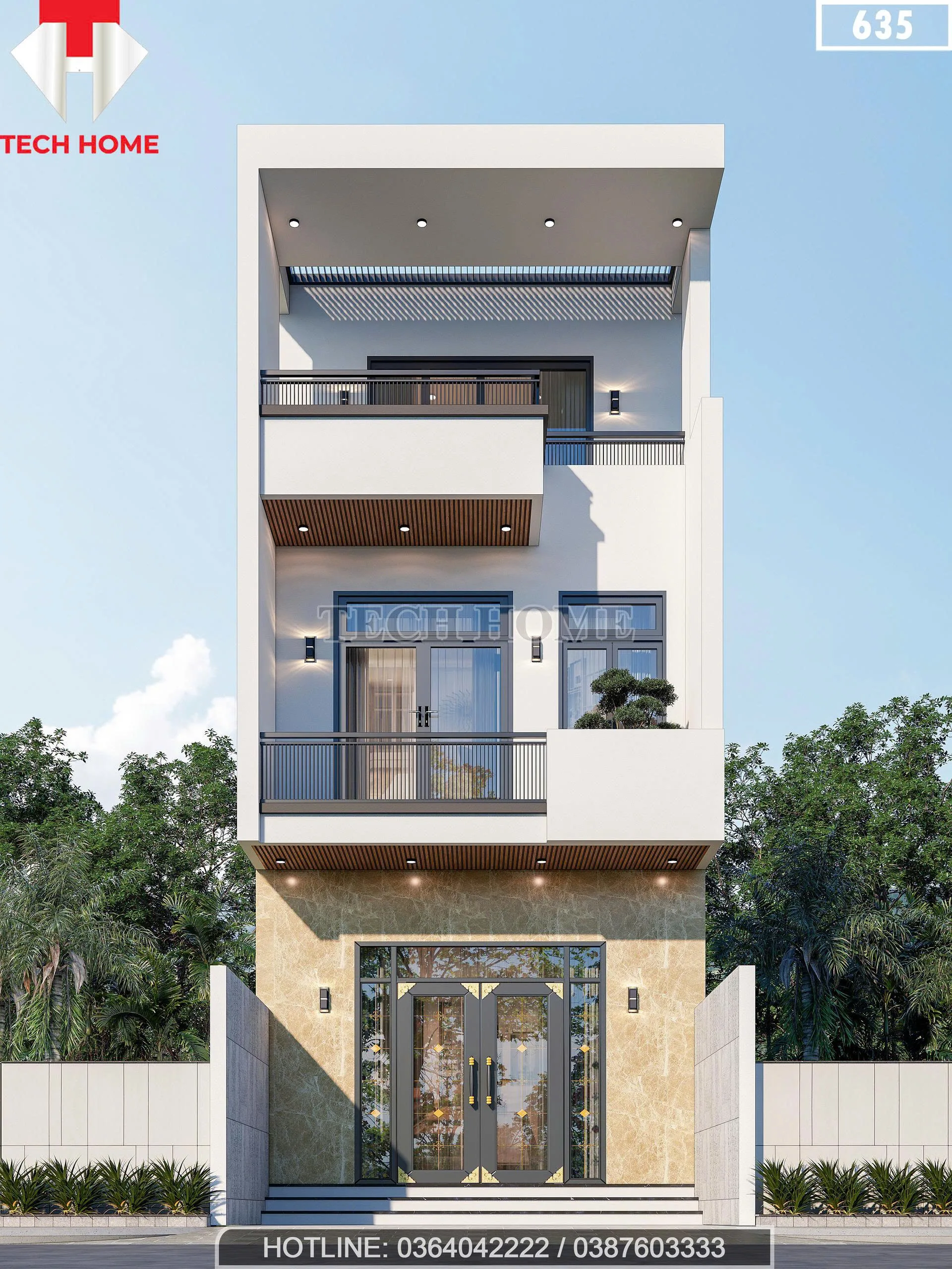 Phối cảnh mặt tiền mẫu nhà phố 2 tầng 1 tum hiện đại chiều rộng 5m của anh Dân tại Hưng Yên.