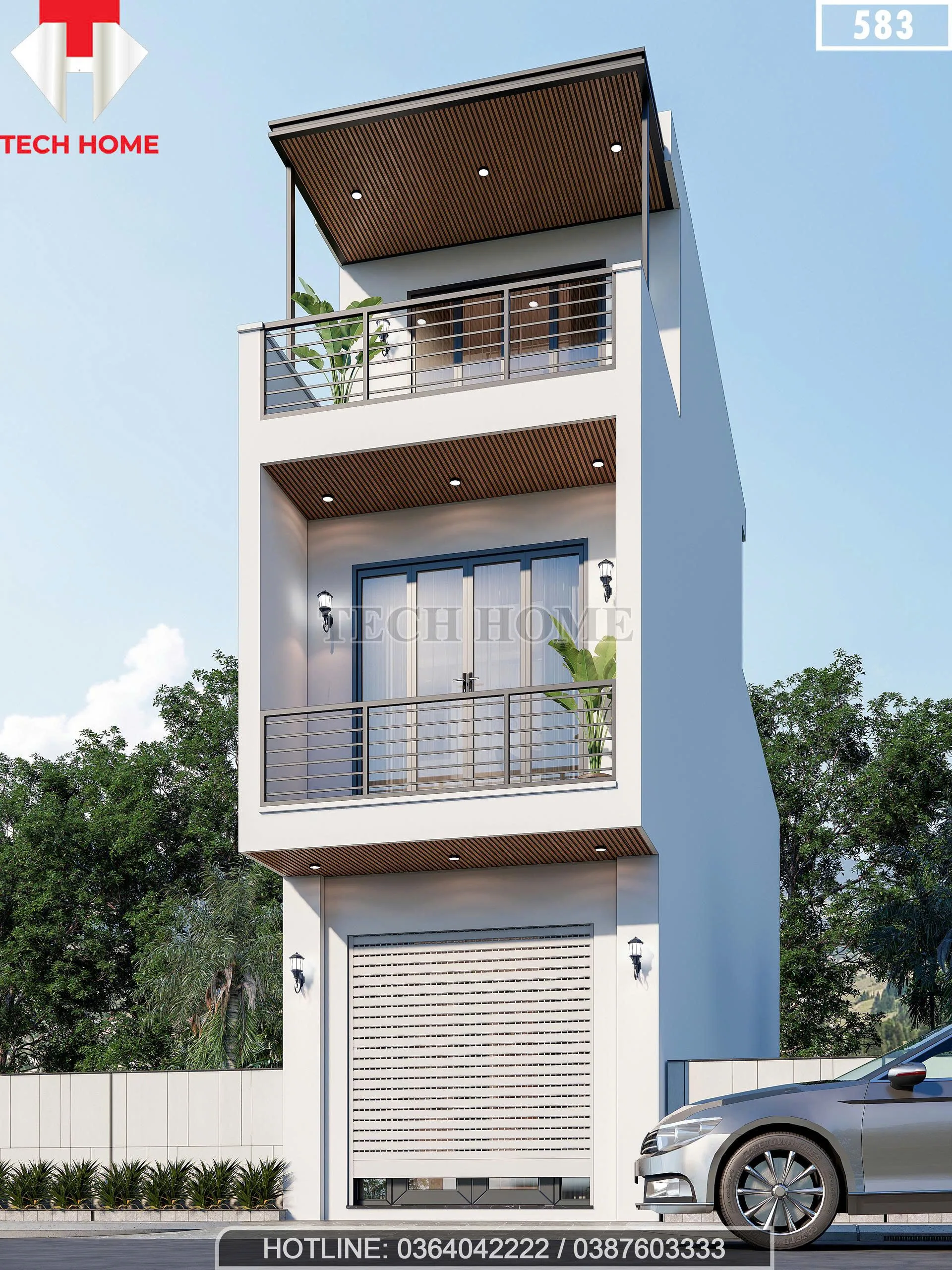 Góc nghiêng mẫu nhà phố 3 tầng mái bằng đẹp với ban công và trần ốp gỗ.