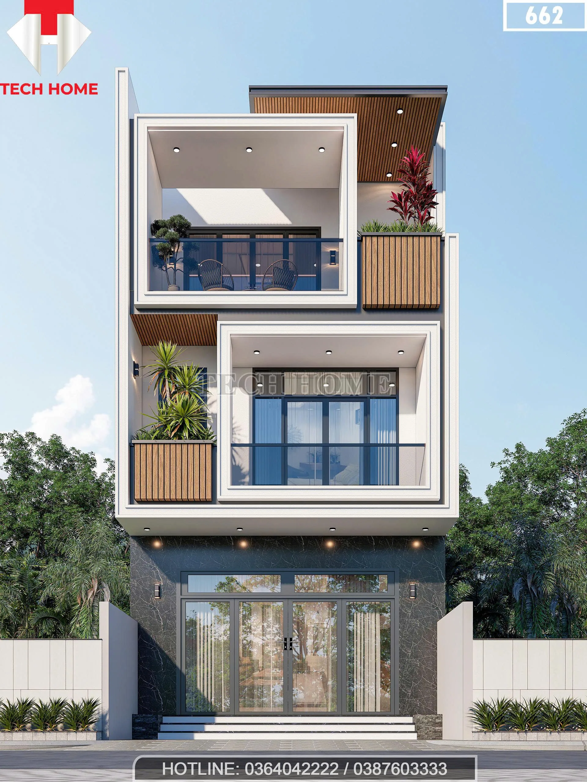 Phối cảnh mặt tiền mẫu nhà phố 3 tầng đẹp kiến trúc hiện đại, hình khối vuông vức tại Hưng Yên.