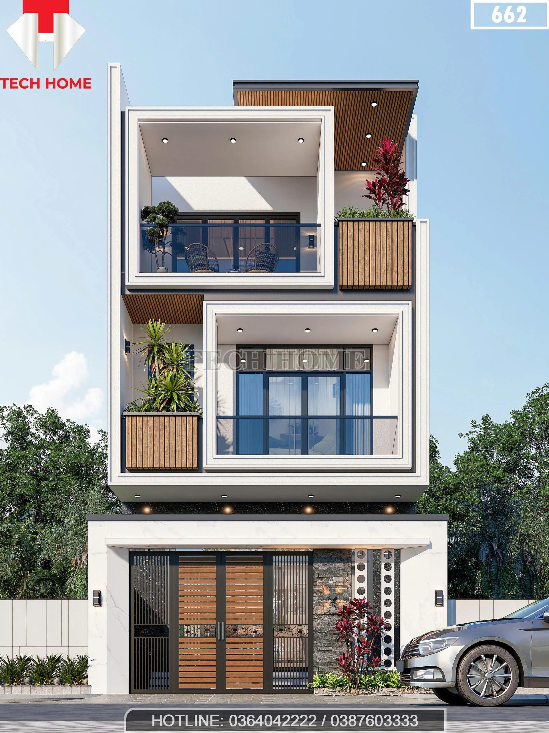 Tổng thể mẫu nhà phố 3 tầng đẹp mái bằng