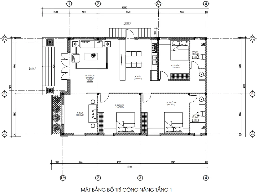 mặt bằng nhà cấp 4 mái Nhật