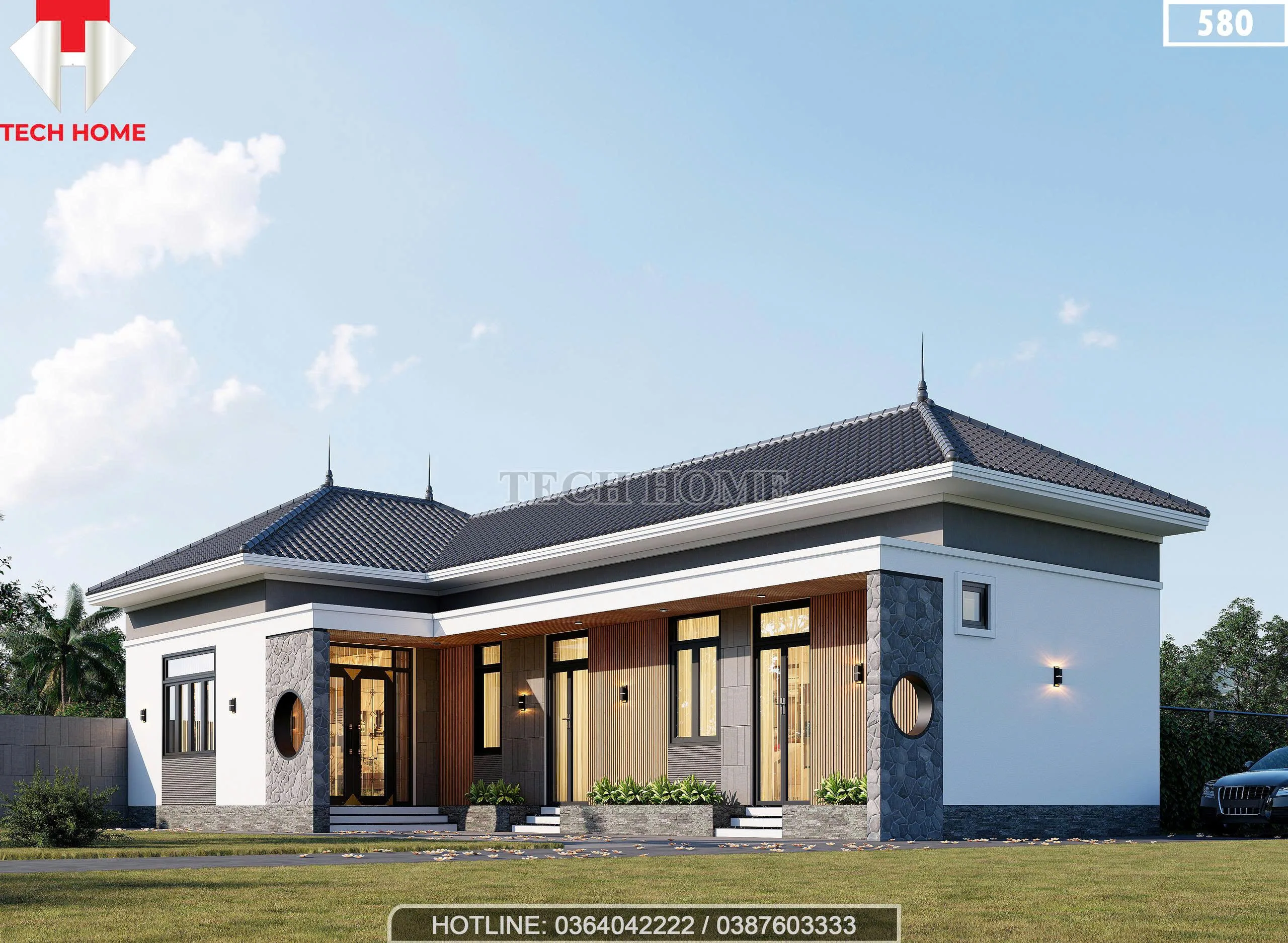 Phối cảnh mặt tiền mẫu nhà cấp 4 mái Nhật 3 phòng ngủ hiện đại rộng 8.5m tại Hưng Yên.