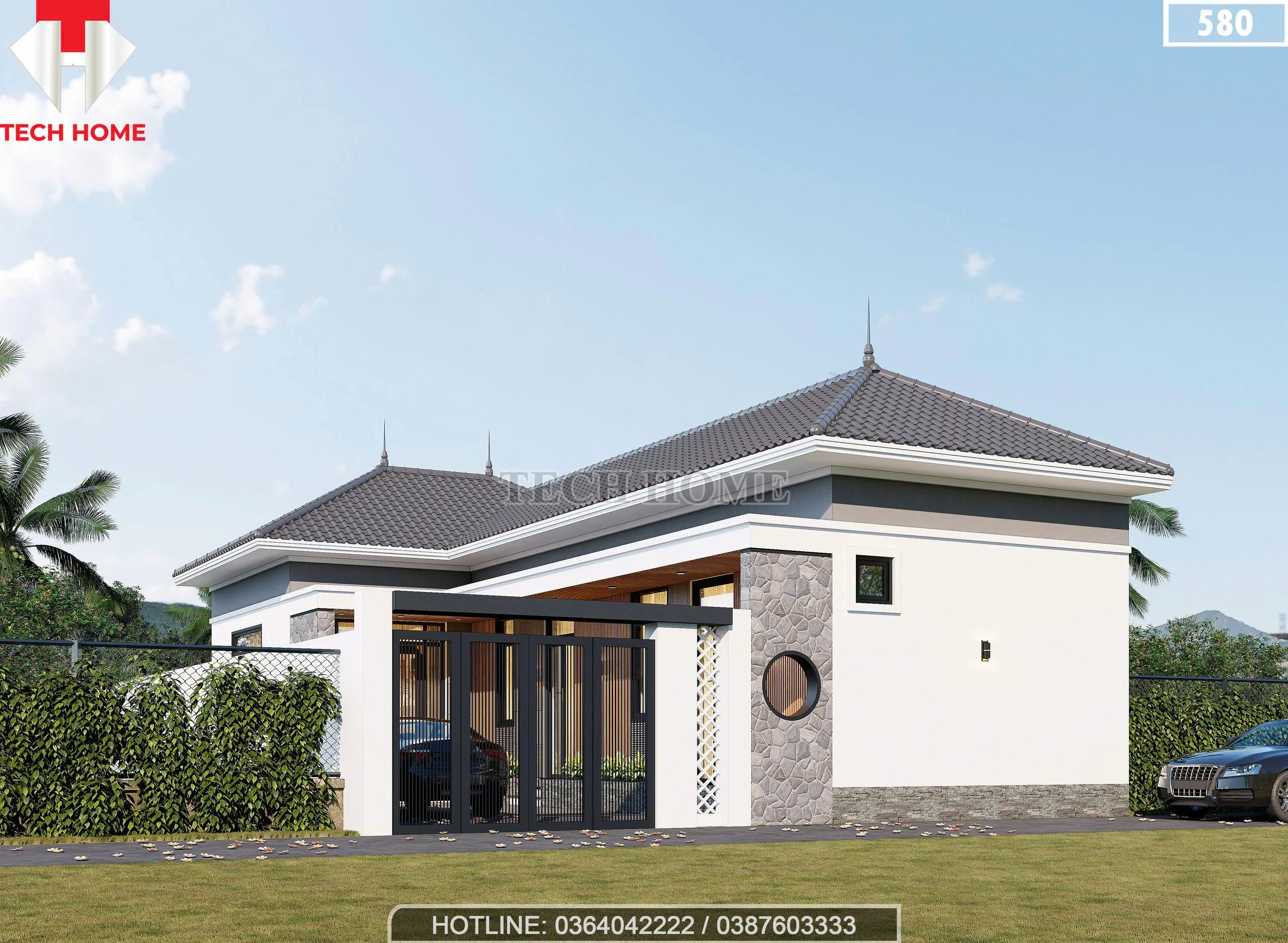 Thiết kế cổng và tường rào hiện đại cho nhà cấp 4 mái Nhật nông thôn.