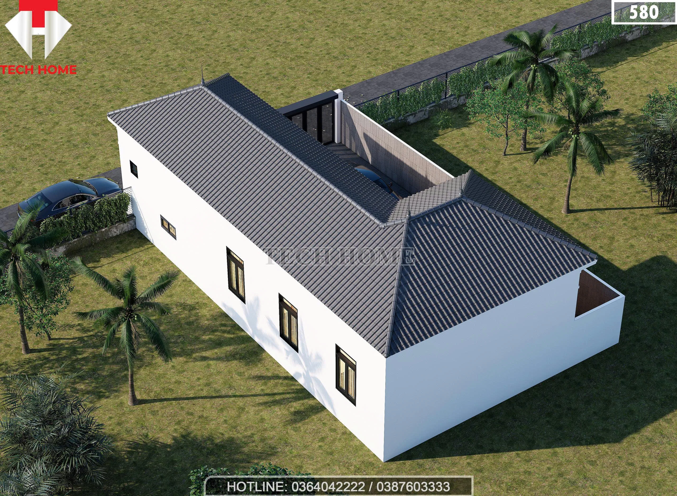 Tổng thể kiến trúc mái Nhật màu xanh than sang trọng nhìn từ trên cao.