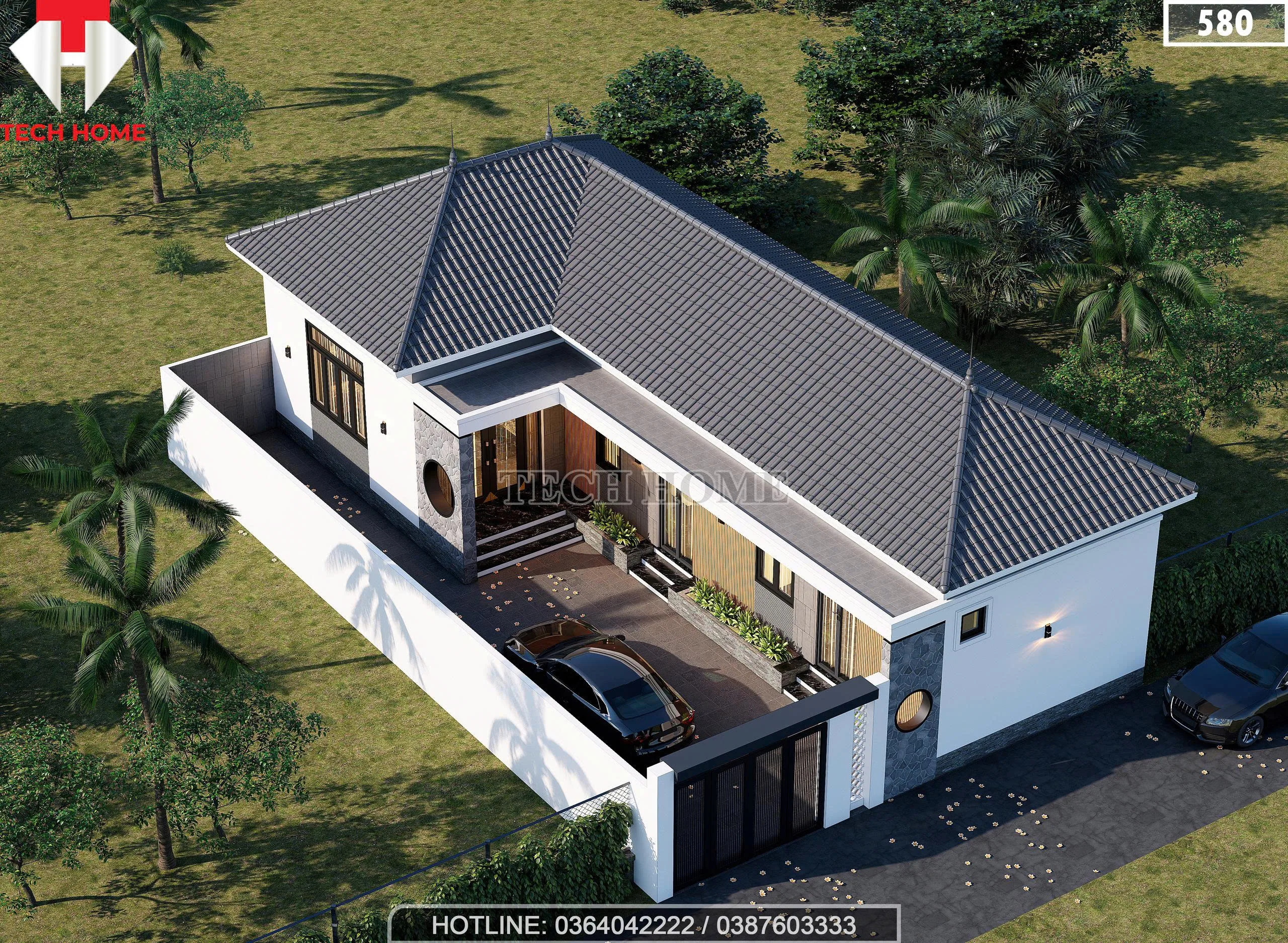 Góc nhìn tổng thể khuôn viên mẫu nhà cấp 4 120m2 có sân để xe rộng rãi.