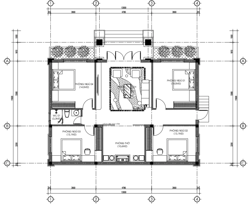 mặt bằng nhà cấp 4 mái Nhật