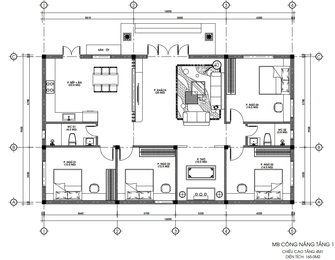 Bản vẽ mặt bằng công năng nhà vườn mái Nhật 1 tầng 4 phòng ngủ diện tích 165m2.