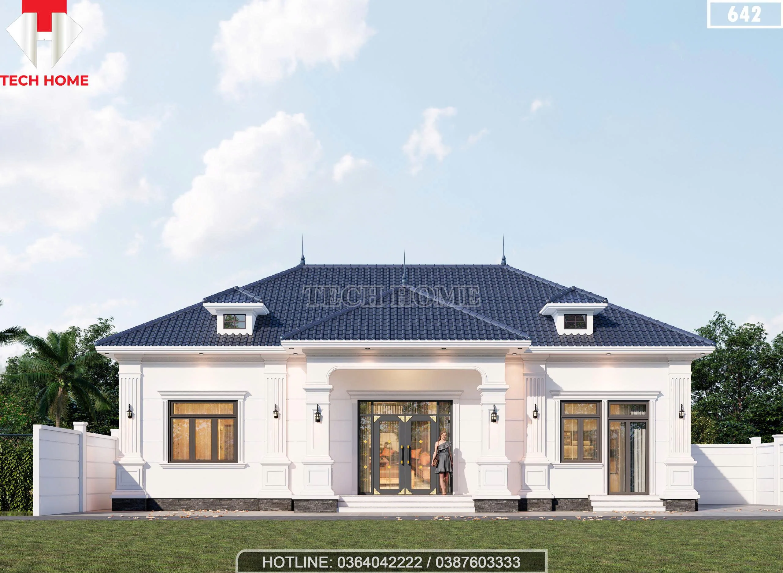 Phối cảnh mặt tiền mẫu nhà vườn mái Nhật 1 tầng 4 phòng ngủ đẹp hiện đại tại Thanh Hóa.