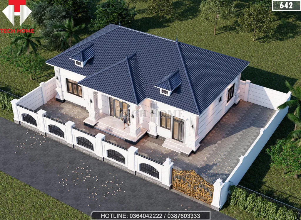 Tổng thể kiến trúc nhà vườn mái Nhật 1 tầng nhìn từ trên cao với sân vườn rộng rãi.