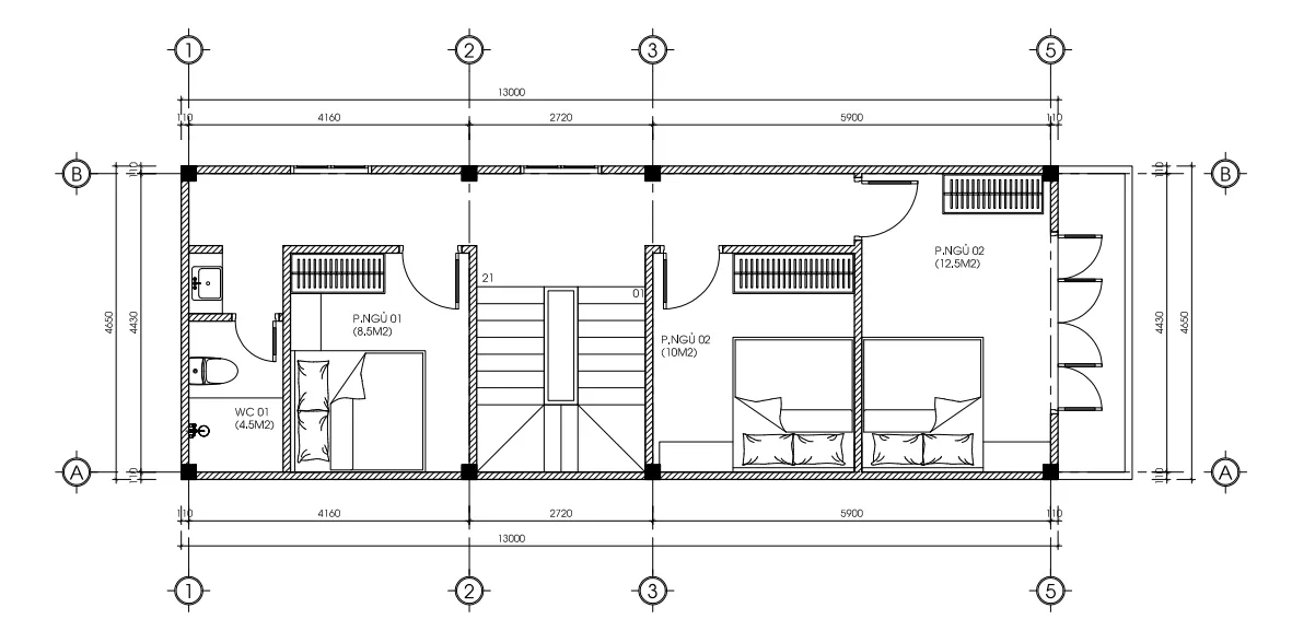 Chi tiết mặt bằng tầng 2 mẫu nhà ống 3 tầng đẹp bố trí 3 phòng ngủ tối ưu diện tích cho gia đình anh Tưởng.