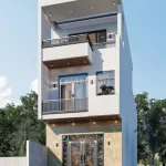 Góc nghiêng thiết kế nhà ống 2 tầng 1 tum phong cách hiện đại với ban công và trần giả gỗ.