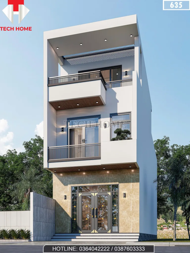 Góc nghiêng thiết kế nhà ống 2 tầng 1 tum phong cách hiện đại với ban công và trần giả gỗ.