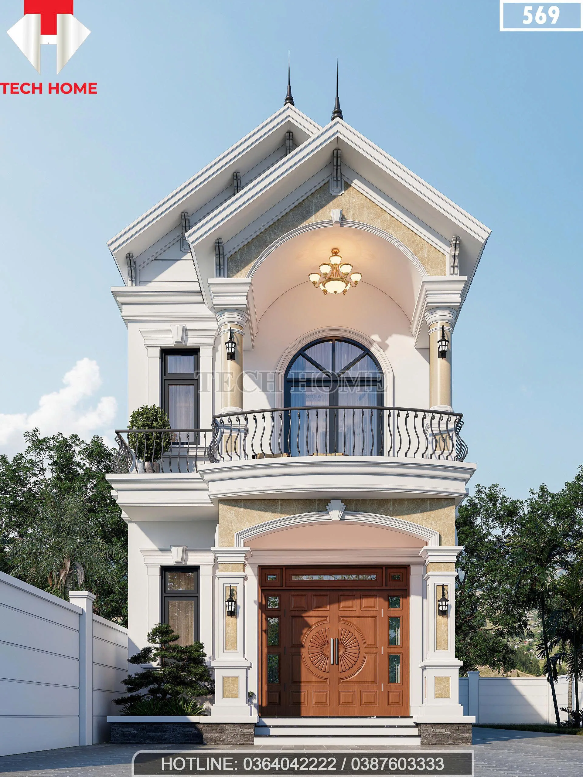 Phối cảnh mặt tiền thiết kế nhà ống 2 tầng mái Thái phong cách tân cổ điển đẹp tại Thái Bình.