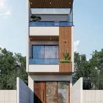 Phối cảnh mặt tiền mẫu thiết kế nhà ống 3 tầng hiện đại rộng 4.5m kết hợp ốp gỗ sang trọng tại Hà Nội.