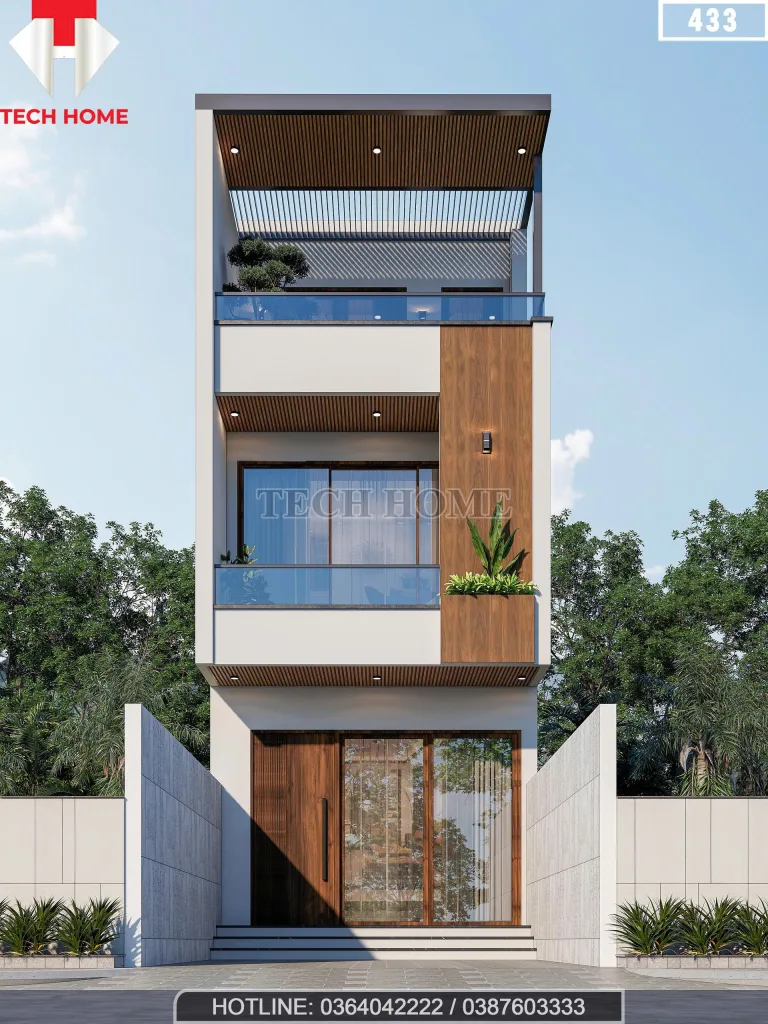Phối cảnh mặt tiền mẫu thiết kế nhà ống 3 tầng hiện đại rộng 4.5m kết hợp ốp gỗ sang trọng tại Hà Nội.