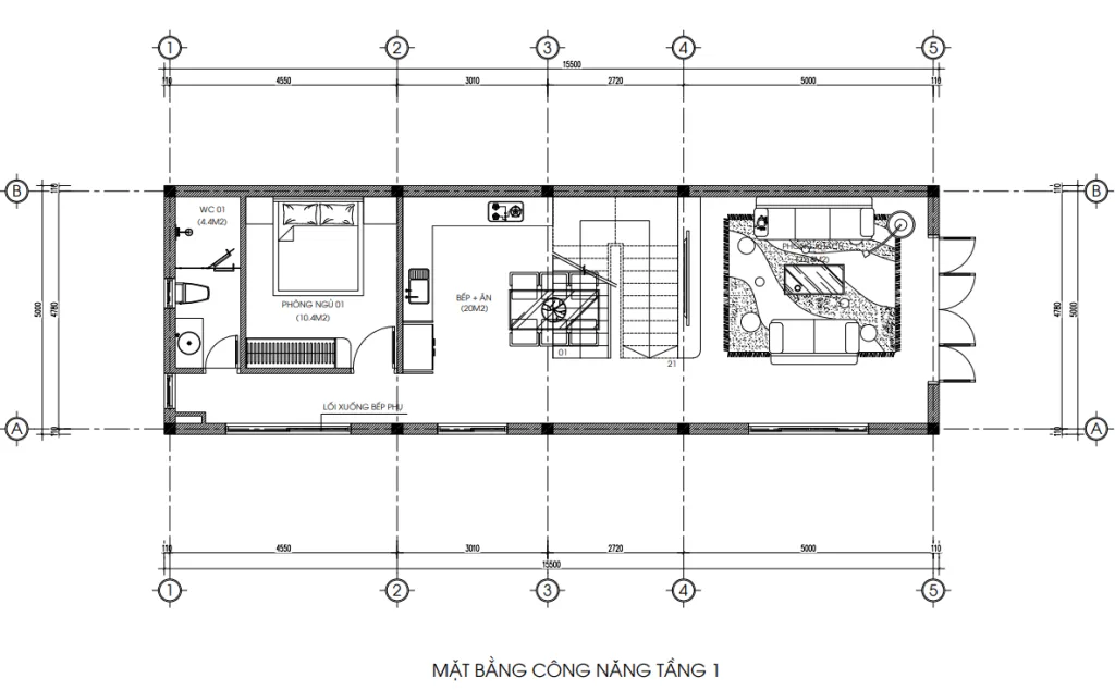 mặt bằng tầng 1 thiết kế nhà phố 2 tầng 1 tum