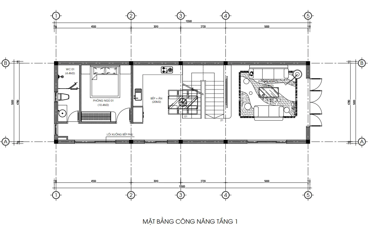 mặt bằng tầng 1 thiết kế nhà phố 2 tầng 1 tum