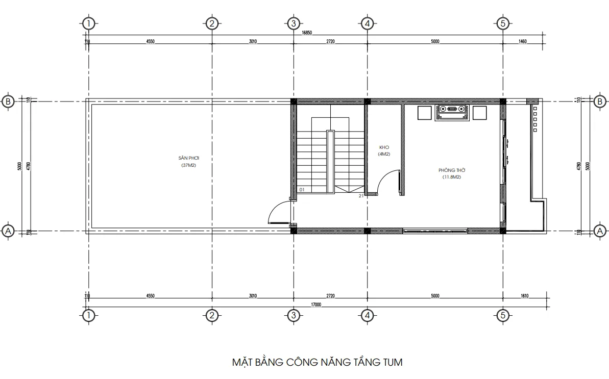 mặt bằng tầng tum thiết kế nhà phố 2 tầng 1 tum