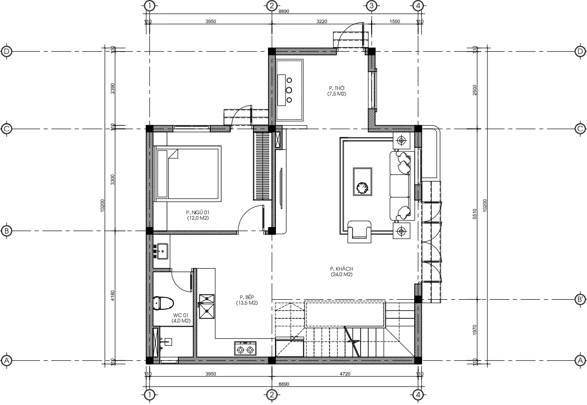 mặt bằng tầng 1 thiết kế nhà phố 3 tầng