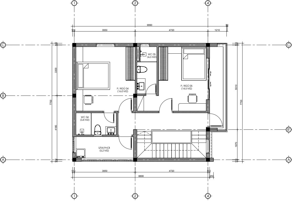 mặt bằng tầng 3 thiết kế nhà phố 3 tầng