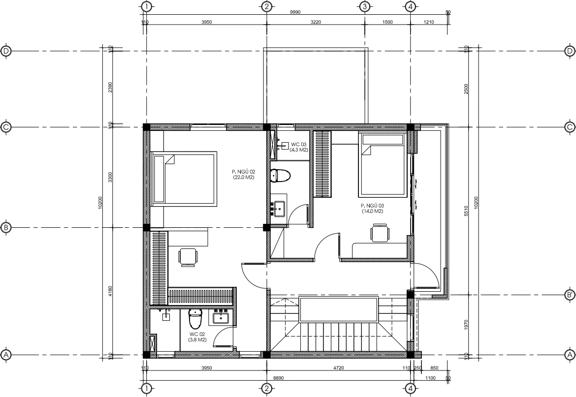 mặt bằng tầng 2 thiết kế nhà phố 3 tầng