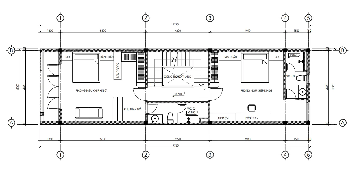 mặt bằng tầng 2 thiết kế nhà phố 3 tầng
