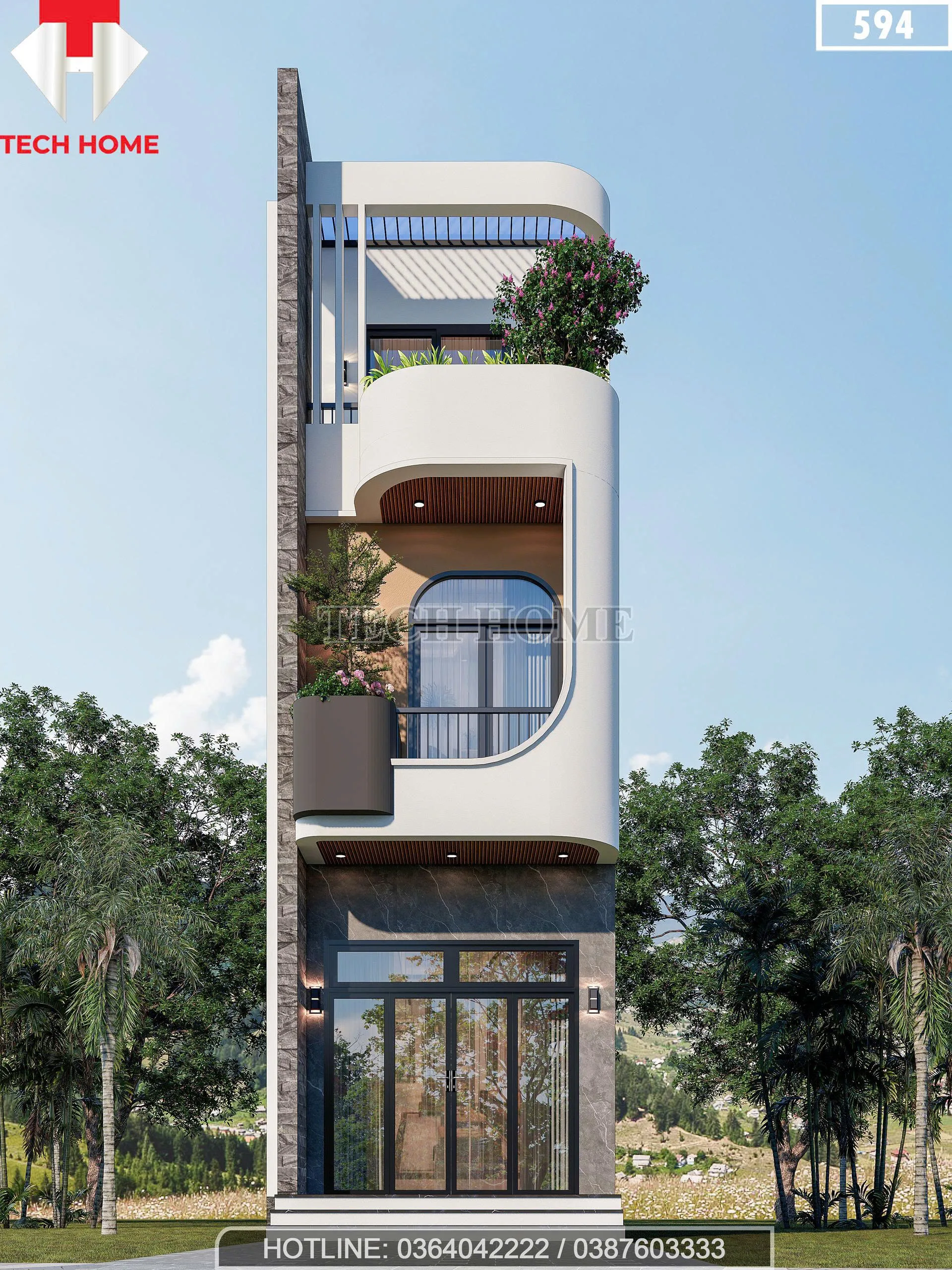 Phối cảnh mặt tiền thiết kế nhà phố 3 tầng hiện đại kiến trúc vòm cong tại Hải Phòng.