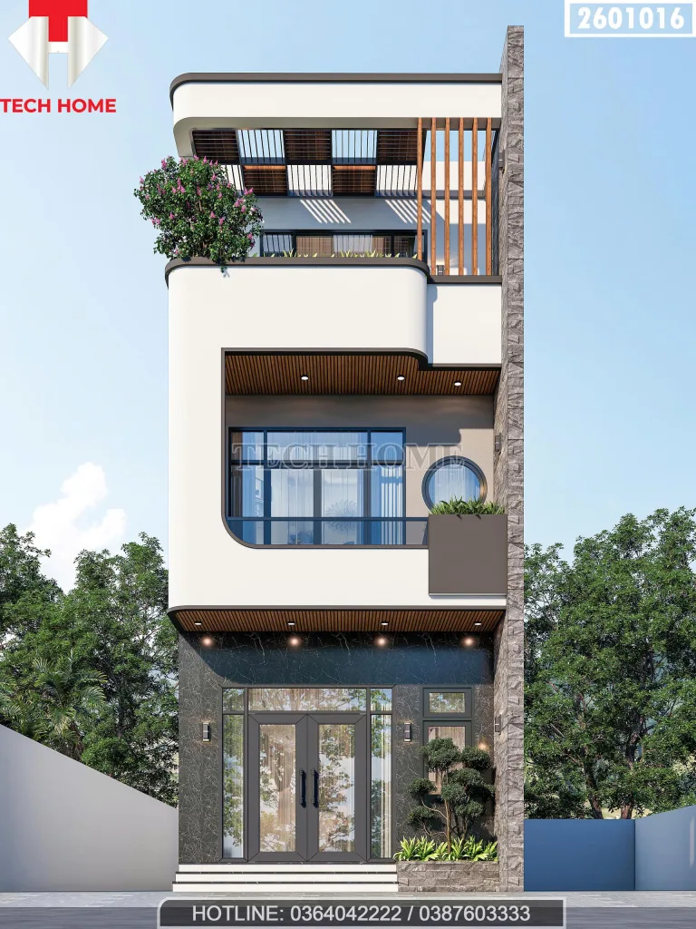 Phối cảnh chính diện mặt tiền mẫu thiết kế nhà phố 3 tầng phong cách hiện đại tại Hưng Yên.