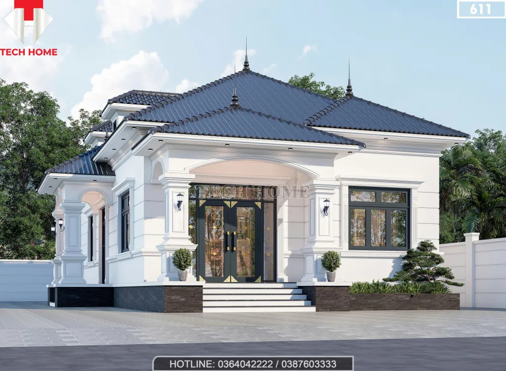 Mẫu nhà vườn mái Nhật 1 tầng với hệ cột trụ vuông vắn và bậc ngũ cấp ốp đá cao ráo, bề thế.