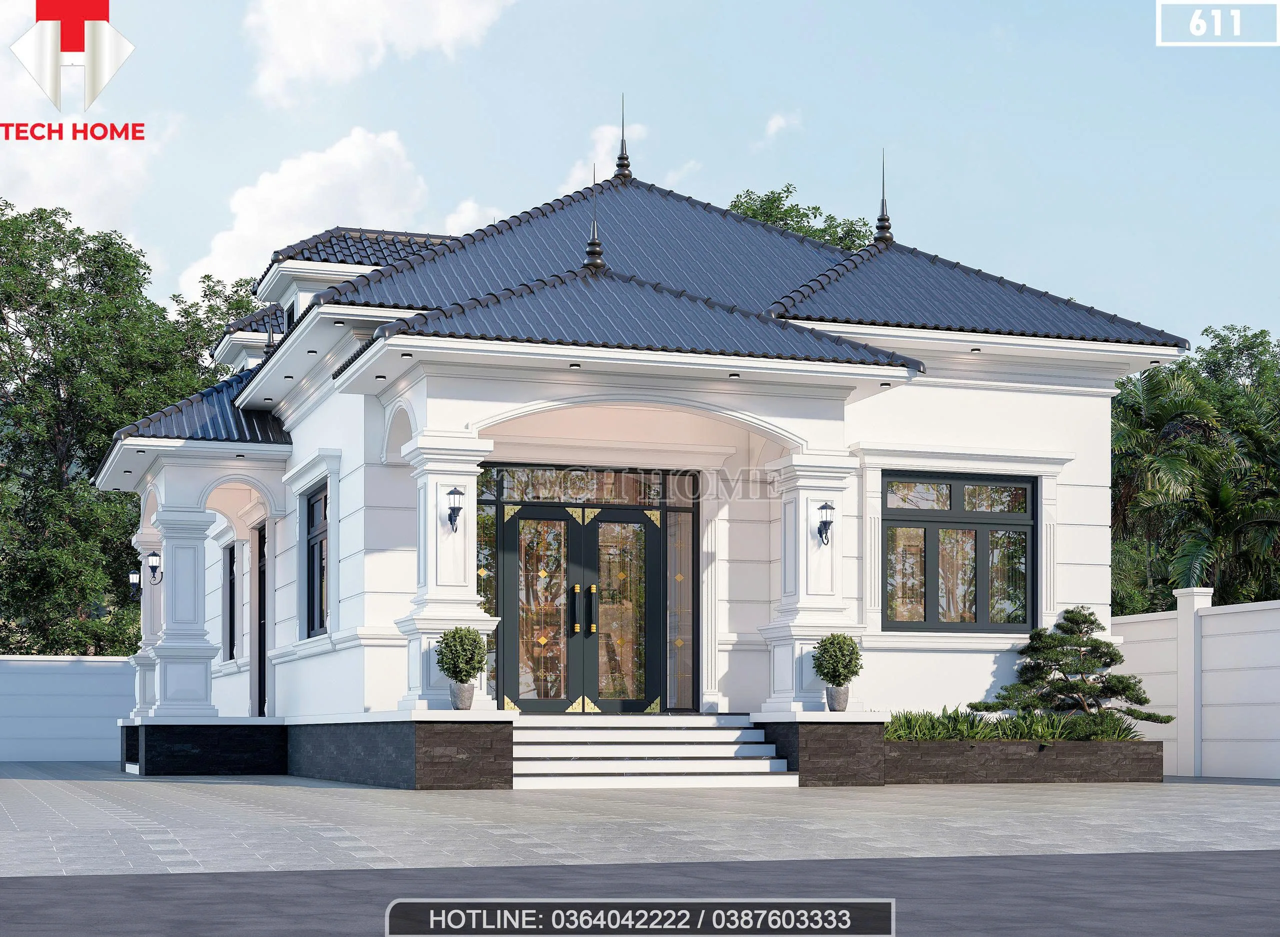 Mẫu nhà vườn mái Nhật 1 tầng với hệ cột trụ vuông vắn và bậc ngũ cấp ốp đá cao ráo, bề thế.