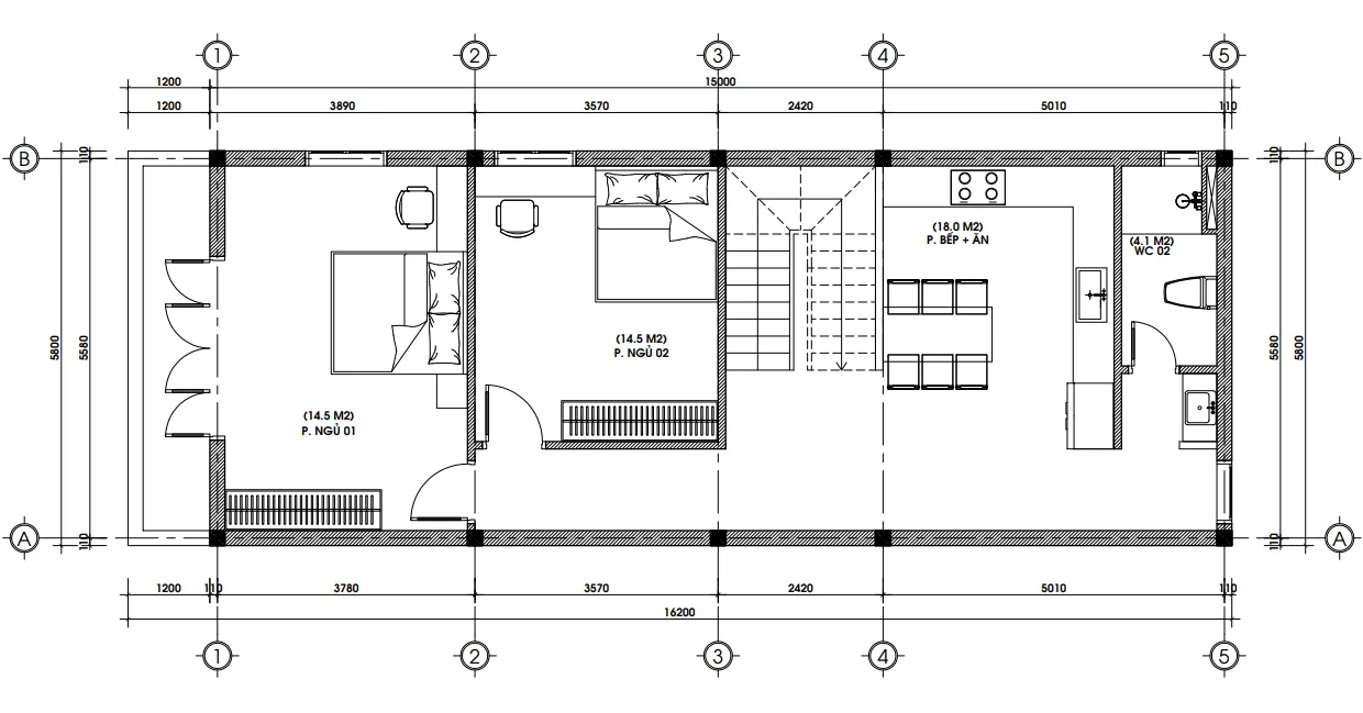 Bản vẽ bố trí phòng bếp ăn và phòng ngủ tại tầng 2 của mẫu nhà phố 3 tầng đẹp.