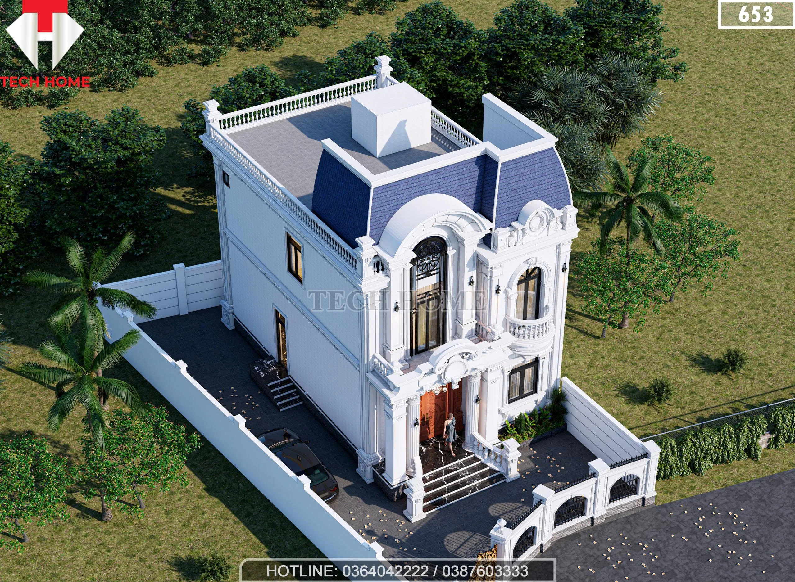 Tổng thể từ trên cao nhìn xuống biệt thự mái Mansard tân cổ điển đẳng cấp.