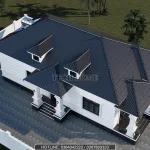 Tổng thể kiến trúc mẫu nhà vườn mái Nhật lợp ngói Fuji màu xanh than nhìn từ trên cao xuống.