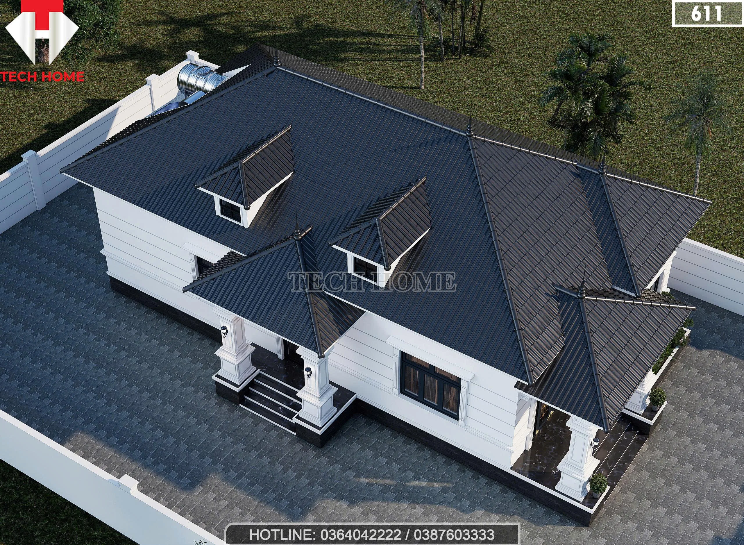 Tổng thể kiến trúc mẫu nhà vườn mái Nhật lợp ngói Fuji màu xanh than nhìn từ trên cao xuống.